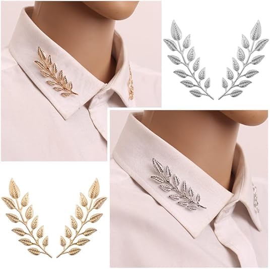 5 Pairs Retro Hollow Pattern Shirt Collar Brooches For Women And Men Gold Plated Triangle & Simple Elegant Double Leaf Collar Pin Brooches Gold Silver Plant Brooch Jewelry - style: Silver leaf