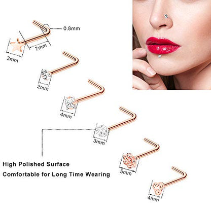 35-70 PCS 18G 20G Nose Rings for Women & Men - Gold Hoops, L Shape, Studs & Screw - 316L Surgical Stainless Steel - color: Color A-40pcs