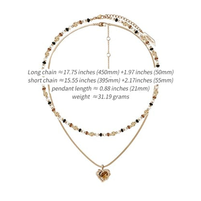 Retro temperament brown beaded collarbone chain fashionable heart-shaped tiger eye stone pendant necklace personality double layer necklace exquisite women's accessories M2730001