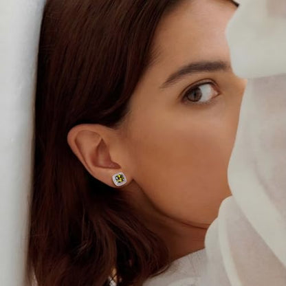 Dainty Birthstone Earrings for Women Sterling Silver Small Stud Earrings with Halo Cushion/Round Created Gemstone Earrings Birthstone Jewelry - style: A 08. Aug./created peridot-cushion cut