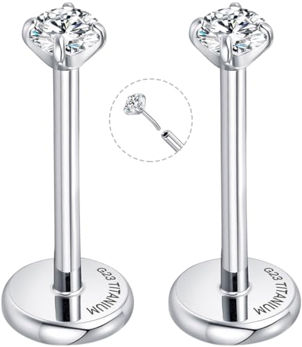 Threadless Flat Back Earrings for Tragus, Helix, Conch, Daith, Cartilage Piercings - G23 Titanium Flatback Stud Earrings with Grade AAAAA Cubic Zirconia - Threadless Flat Back Nose Stud Push Pin Ring Earring Studs (18g, 16g, 20g - 6mm, 8mm) - color: Silve