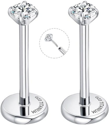 Threadless Flat Back Earrings for Tragus, Helix, Conch, Daith, Cartilage Piercings - G23 Titanium Flatback Stud Earrings with Grade AAAAA Cubic Zirconia - Threadless Flat Back Nose Stud Push Pin Ring Earring Studs (18g, 16g, 20g - 6mm, 8mm) - color: Silve