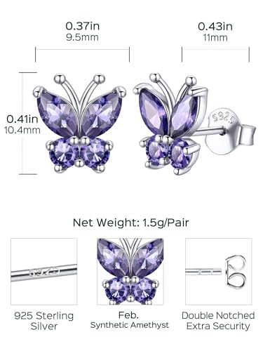 ChicSilver 925 Sterling Silver Bow/Butterfly Earrings for Women Hypoallergenic Birthstone Earrings Dainty Bow/Butterfly Jewelry Gift for Women - color: Butterfly-February-Amethyst