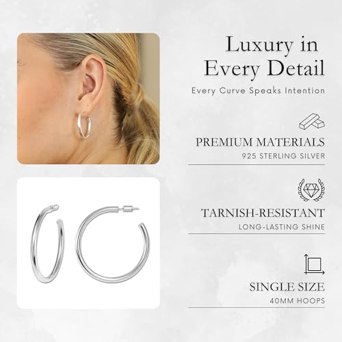 18K Gold Plated Sterling Silver Earrings for Women – Pure & Polished, Twist, Square, Hinged Tube, Abstract & Heart Shape Hoops – Lightweight, Hypoallergenic, Non-Tarnish Jewelry (Sizes: 3x35mm-46x30mm) - color: Silver, size: Polish Hoop (3x40mm)