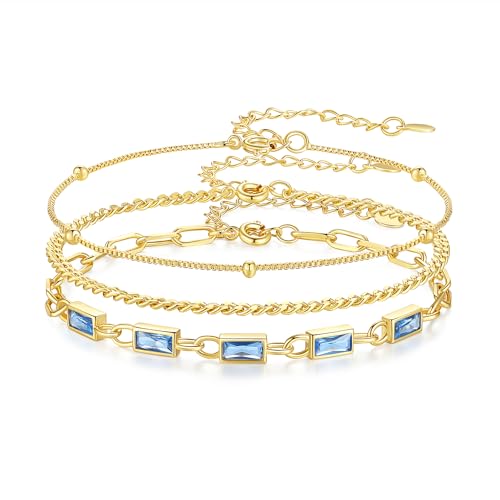 Gold Birthstone Bracelet for Women, 18K Gold Plated Layered Jewelry Bracelet Set, Womens Dainty Stackable Bracelets Link Paperclip Chain Valentines Day Gift for Wife Her - color: Gold-03-Mar.