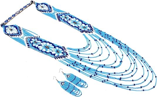 Long Beaded Necklace – Boho Native Handmade Seed Bead Tassel Necklace, Bohemian Large Statement Beaded Necklace for Women - color: Skyblue/