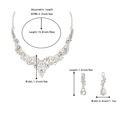Wedding Statement Necklace Clip-on Earrings Jewelry Set | Sparkling Austrian Crystal Teardrop Cluster for Party Prom Accessories - color: 01-Clear Silver-Tone