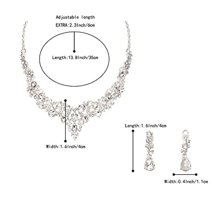 Wedding Statement Necklace Clip-on Earrings Jewelry Set | Sparkling Austrian Crystal Teardrop Cluster for Party Prom Accessories - color: 01-Clear Silver-Tone