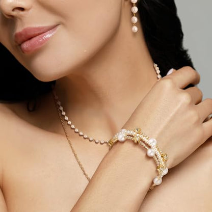 Glenmal Pearl Rhinestone Jewelry Set for Women Pearl Necklace Bracelet Earrings for Wedding Halloween Bridal Shower Tea Party - style: Stylish Style