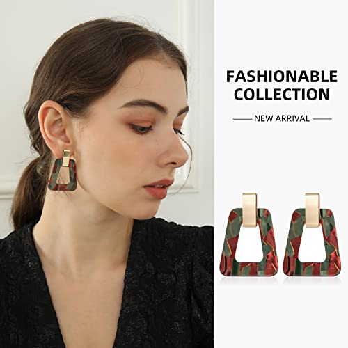 Acrylic Geometric Statement Earrings - Mottled Resin Lightweight Dangle Earrings for Party or Vacation - color: BROWN GREEN
