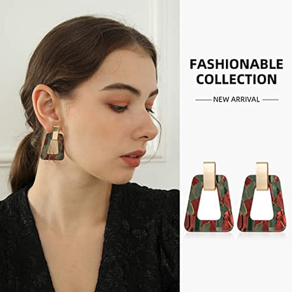 Acrylic Geometric Statement Earrings - Mottled Resin Lightweight Dangle Earrings for Party or Vacation - color: BROWN GREEN