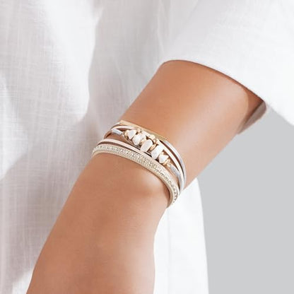 Boho Gemstone Beaded Leather Wrap Bracelets Stackable Chunky Cuff Bracelet Western Jewelry Cowboy Chic Country Concert Outfits for Women - color: White