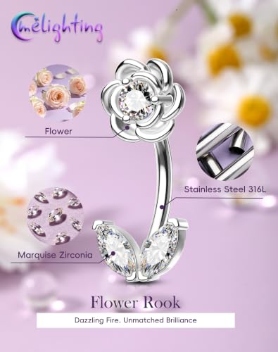 Melighting 16G Flower Rook Piercing Jewelry Marquise Stainless Steel 316L | Delicate Floral Leaf Design, 5A Grade Cubic Zircon, Dainty Eyebrow Piercing - color: Steel, size: 16g6mm