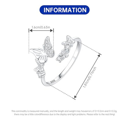 Rings for Women Butterfly Ring 925 Sterling Silver Rings Adjustable Promise Open Ring for Women Couple Wedding Engagement Jewelry Gifts - style: Butterfly