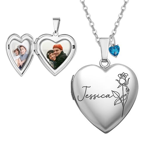 Personalized Heart Locket Necklace Customize Photo 925 Sterling Silver Picture Locket Necklace for Women Girls kids Engraved Birth Flower and Text Birthday Christmas Gifts for Women Girls Kids - color: Silver