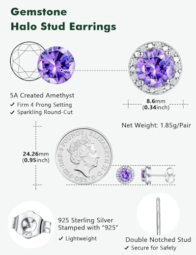 Dainty Birthstone Earrings for Women Sterling Silver Small Stud Earrings with Halo Cushion/Round Created Gemstone Earrings Birthstone Jewelry - style: B 02. Feb./created amethyst-round cut