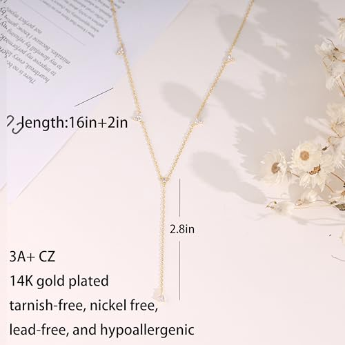 Long Gold Necklace For Women,Dainty Lariat Y Necklace 14K Gold Plated Cute Cubic Zirconia Lariat Necklaces Trendy Simple Statement Rhinestone Choker Necklaces Summer Jewelry - color: Gold-style 4