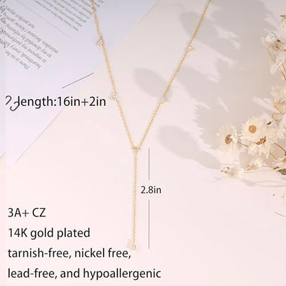 Long Gold Necklace For Women,Dainty Lariat Y Necklace 14K Gold Plated Cute Cubic Zirconia Lariat Necklaces Trendy Simple Statement Rhinestone Choker Necklaces Summer Jewelry - color: Gold-style 4