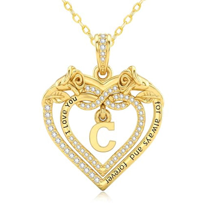 14K Gold Initial Letter Rose Heart Pendant Necklace for Women, Anniversary Birthday Jewelry Gifts for Wife Mom Grandma Sister Daughter, I Love You for Always And Forever - style: 14K Gold-C