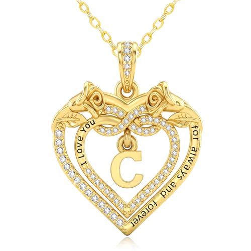 14K Gold Initial Letter Rose Heart Pendant Necklace for Women, Anniversary Birthday Jewelry Gifts for Wife Mom Grandma Sister Daughter, I Love You for Always And Forever - style: 14K Gold-C