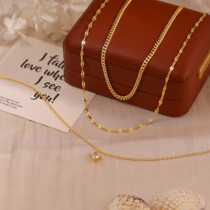 Layered Necklaces for Women, Simple Gold Necklace Stack Dainty 14K Gold Plated CZ Disc Pendant Necklace Set Non Tarnish Gold Jewelry Gifts - color: Gold-Cuban+Lip+CZ
