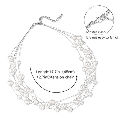 FULU AUTUMN Layered Pearl Necklace Multi-strand Pearl Choker Necklaces for Women Beaded jewelry for Wedding Parties - color: White