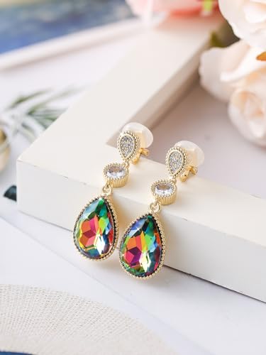 Clip On 18 * 13MM Big Crystal Dangle Non Pierced Earrings for Women 14K Gold Plated Jewelry - color: Rainbow-Rose Gold Plated