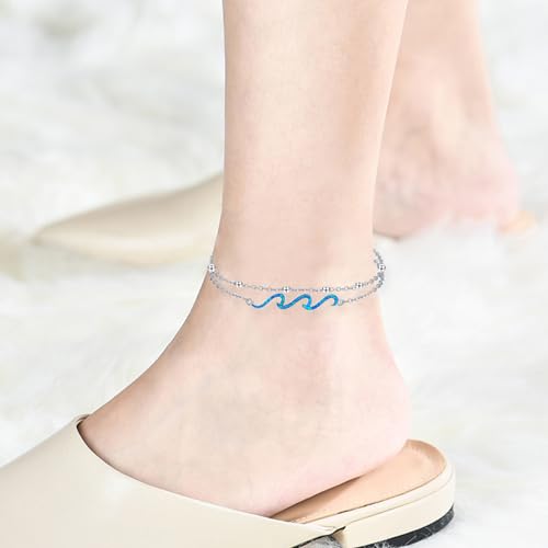 YFN Wave Anklet 925 Sterling Silver Ocean Wave Layered Ankle Bracelet Wave Beach Jewelry for Women Gifts - style: wave layered anklet