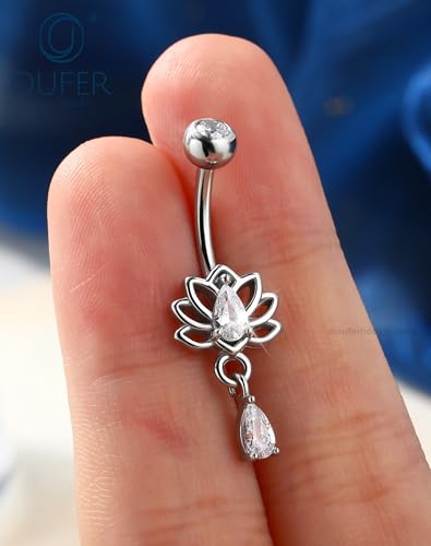 OUFER Hypoallergenic Dangle Belly Button Rings, 14g Surgical Steel Belly Rings for Women, Lotus Navel Rings, Dangle Navel Piercing Jewelry