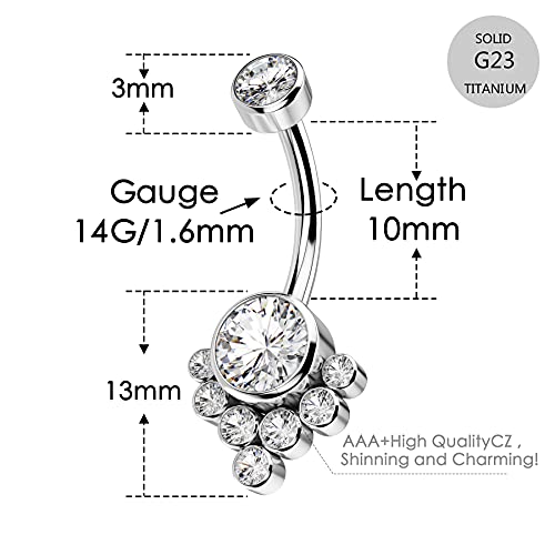G23 Solid Titanium Belly Button Rings for Women Bezel Cluster 14G Implat-Grade Hypoallergenic Navel Rings Cute 14g Belly Rings - color: C-Clear CZ