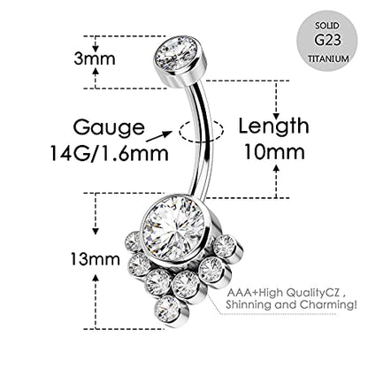 G23 Solid Titanium Belly Button Rings for Women Bezel Cluster 14G Implat-Grade Hypoallergenic Navel Rings Cute 14g Belly Rings - color: C-Clear CZ