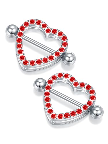 Oveta Heart Nipple Rings Surgical Steel 14G, Cute Internally Threaded Nipple Piercing Jewelry Barbells 14mm for Women, Silver/Gold, 2PCS - color: Red CZ