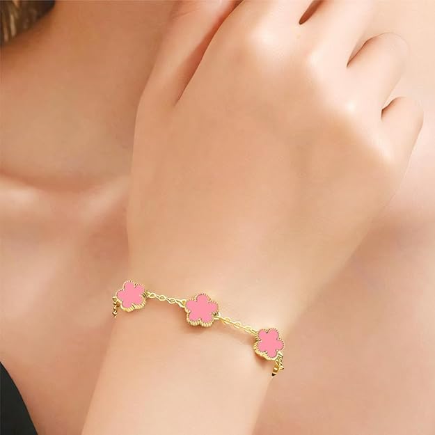 FLY FEI 18K Gold-Plated Four Leaf Clover Bracelet for Women,Adjustable lucky Bracelet Set Jewelry Gift-Hypoallergenic Charm for Birthdays, Wellness & Daily Wear - color: style07-pink set(3pcs)