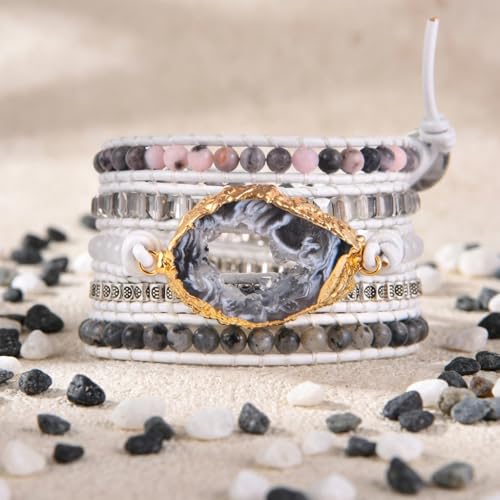 YGLINE Boho Handmade Wrap Leather Tube Crystal Stone Bracelet for Women - color: Druzy-5w