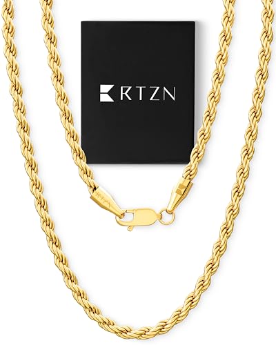 RTZN® Gold Rope Chain for Men – 3mm, 4mm Mens Rope Chain – Premium Stainless Steel Necklace for Men & Boys – Non-Tarnish & Waterproof Black, Silver, Gold Mens Chain Necklaces – 18/20/22/24/26" Inches - color: 4mm Gold, size: 20" Inches