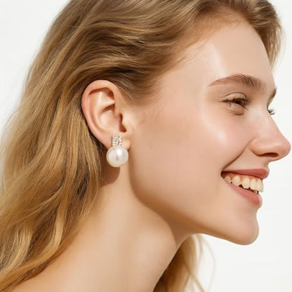 Pearl Clip on Earrings for Women - 14K Gold Silver Plated Cubic Zirconia Non Pierced Ear Clips Jewelry Gifts for Wedding Bridal Party Gifts - color: Gold-12mm