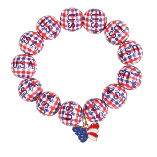 Independence Day Wooden Beaded Bracelet for Women American Flag Red White Blue Beads Stretch Bracelet with Star Heart Charms 4th of July Jewelry - color: Butterfly
