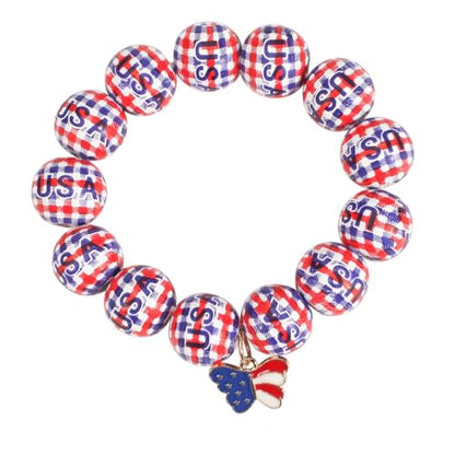 Independence Day Wooden Beaded Bracelet for Women American Flag Red White Blue Beads Stretch Bracelet with Star Heart Charms 4th of July Jewelry - color: Butterfly