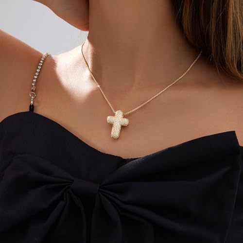 Airmb Cross Necklace for Women Gold/Silver Plated Layered Dainty Cross Chain Trendy Choker Satellite Charm Small Crucifix Pendant Gold/Silver Necklace Stackable Hypoallergenic Delicate Gift for Women - color: Gold-Large Bubble Cross