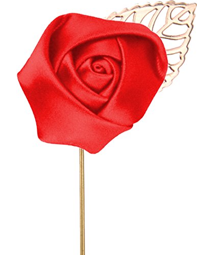 Gentleman's Essentials Premium Handmade Flower Lapel Pin Boutonniere - color: Bright Red [Rose Gold Leaf]