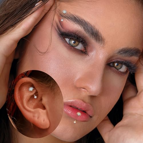 PEAKLINK G23 Titanium Eyebrow Ring 16G Opal Rook Daith Piercing Jewelry Internal Threaded Curved Barbell Vertical Labret Lip Jewelry Small Belly Button Ring - color: Silver with White Opal