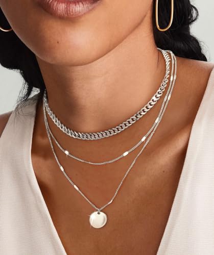 Cuzmly Layered Silver Necklaces for Women, Sterling Silver Stackable Stack Choker Necklaces for Women Trendy Layering Circle Pendant Chain Necklace Set Jewelry for Women - style: Coin