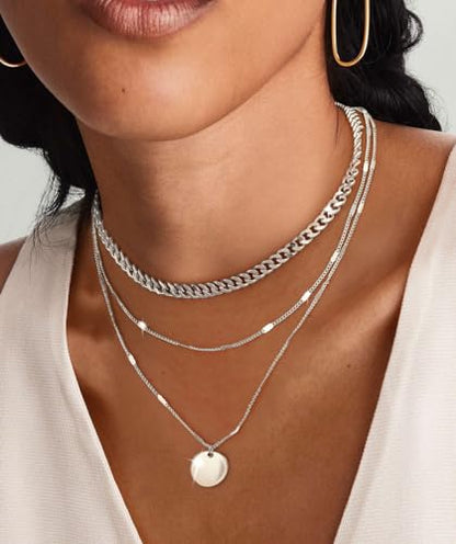 Cuzmly Layered Silver Necklaces for Women, Sterling Silver Stackable Stack Choker Necklaces for Women Trendy Layering Circle Pendant Chain Necklace Set Jewelry for Women - style: Coin