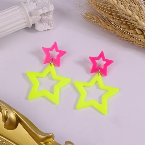 Colorful 80s 90s Neon Star Earrings for Women Retro Glow Party Costume 80s 90s Acrylic Dangle Earrings Outfit - style: Symmetrical Hot Pink and Yellow