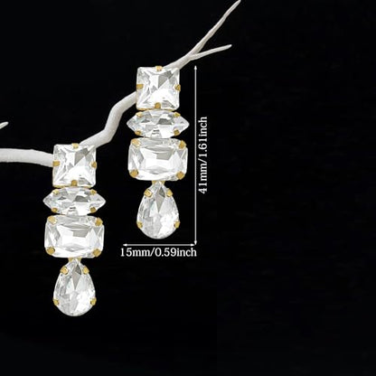 Dainty Sparkly Crystal Square Teardrop Circle Dangle Drop Earrings Long Chic Glitter Rhinestones Geometry Stud Earrings For Women - style: White