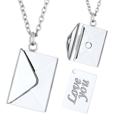 FindChic Locket Necklace for Women Custom Photo Memorial Gifts 4 Colors | Silver/Black/Rose Gold/Gold Plated Personalized for Loved Ones, Birthday Valentine's Day Keepsake - style: 07. Love Letter-Silver