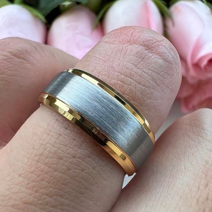 TUTISS 6mm 8mm Tungsten Rings for Men Women Fashion Engagement Wedding Bands Brushed Finish Stepped Beveled Edges Comfort Fit - color: 8mm Gold Tungsten Silver Top