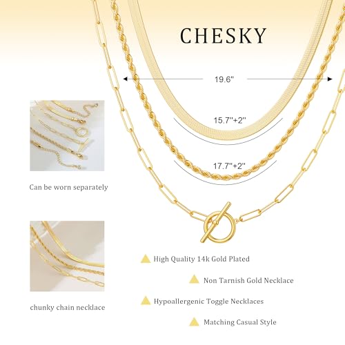 CHESKY 14K Gold Plated Layered Chain Necklace for Women | Trendy Cuban Link Chain, Chunky Paperclip Chain, Toggle Clasp Necklace, Fashion Gold Jewelry, Daily Gift for Women - style: chain1-gd