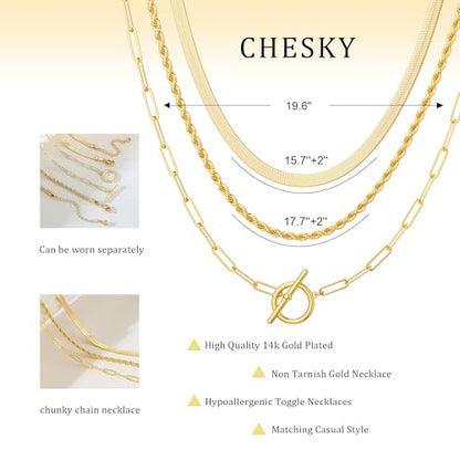 CHESKY 14K Gold Plated Layered Chain Necklace for Women | Trendy Cuban Link Chain, Chunky Paperclip Chain, Toggle Clasp Necklace, Fashion Gold Jewelry, Daily Gift for Women - style: chain1-gd