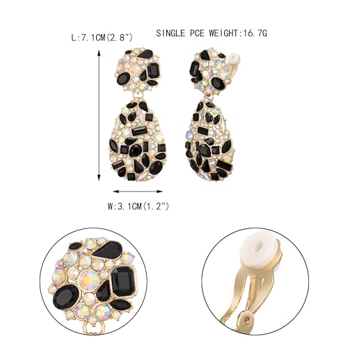 EVER FAITH Glamour Rhinestone Statement Clip-on Earrings, Fashion Chic Art Deco Sparkly Marquise Water Drop Crystal Dangle Earrings for Women - color: Black Gold-Tone